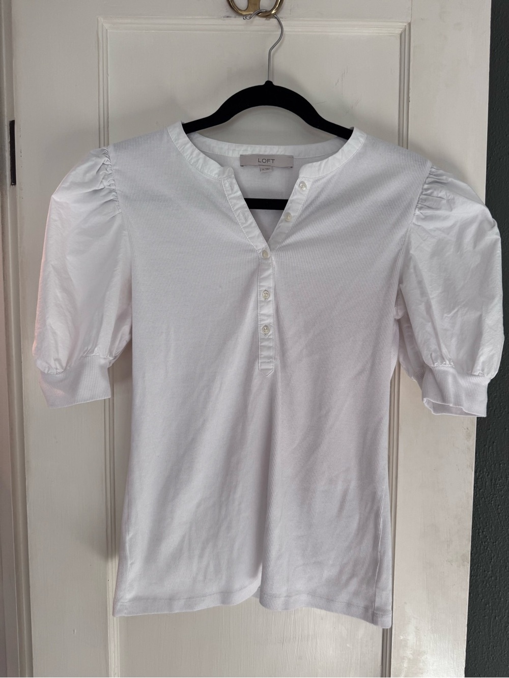 LOFT White Puff Sleeve Henley Top Size Medium